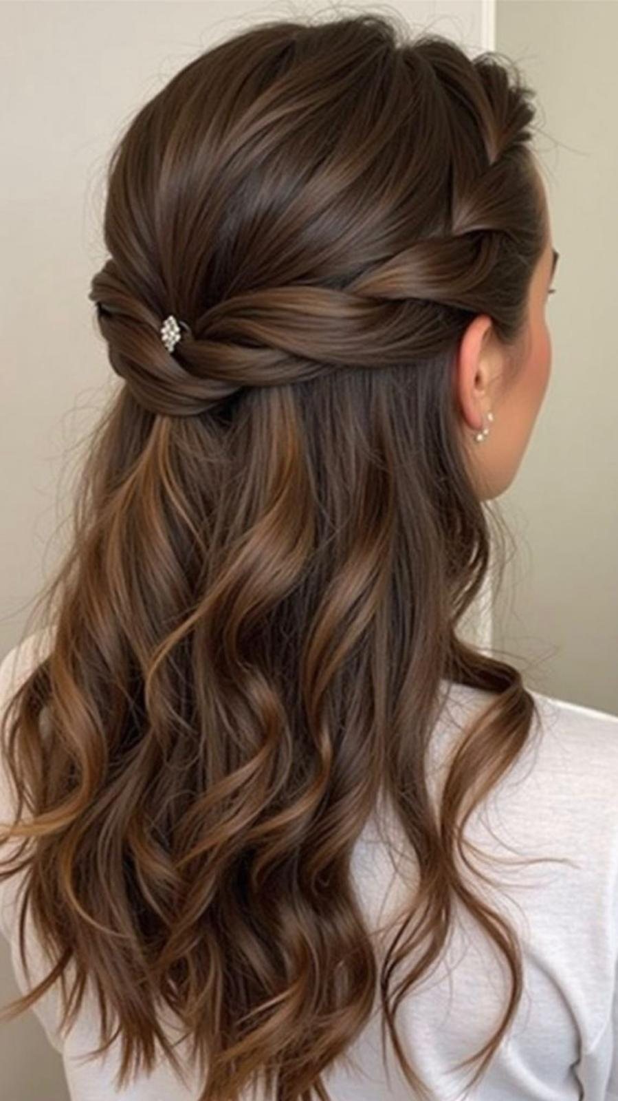A twisted half-up event style finished with soft waves